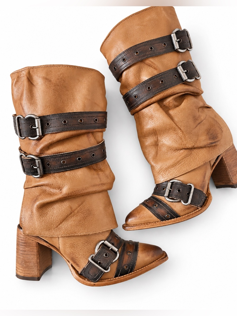 Freebird by Steven Distressed Brown Leather Buckle Heeled Boots
